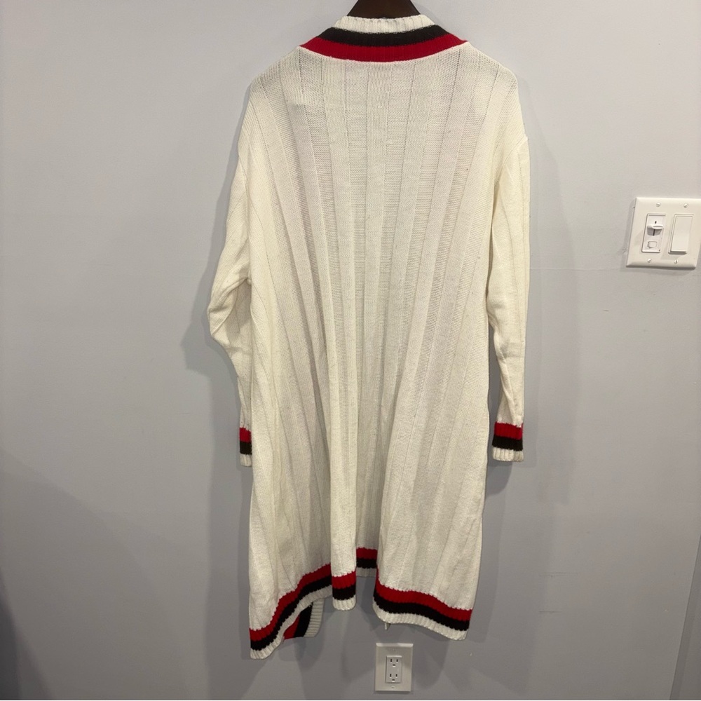 Women's White Cardigan with Red and Black Trim - Picture 2 of 4
